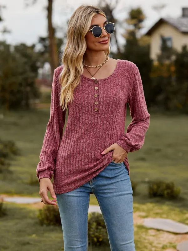 Blue Zone Planet |  Round neck ribbed brushed solid color buttoned long-sleeved T-shirt BLUE ZONE PLANET