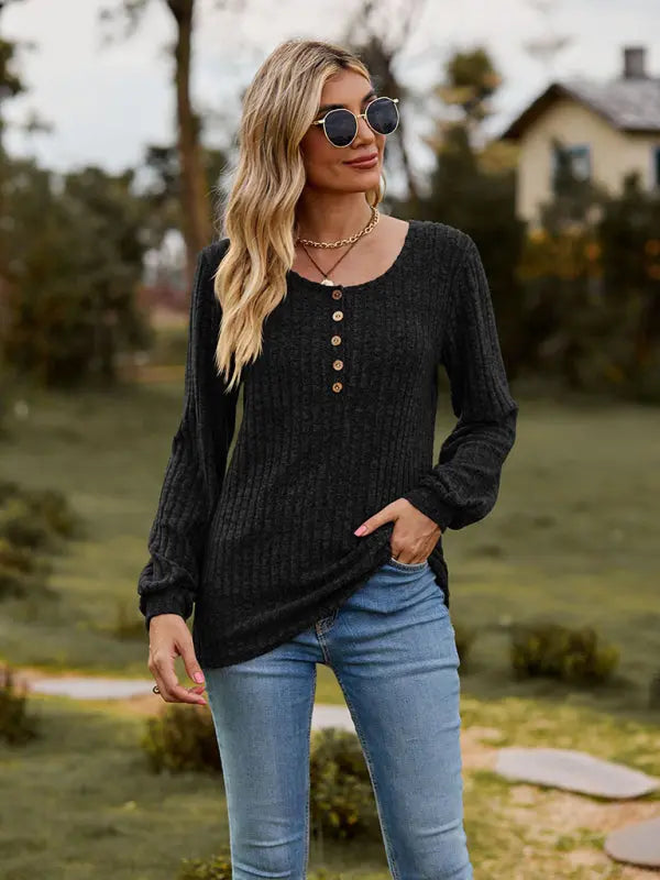 Blue Zone Planet |  Round neck ribbed brushed solid color buttoned long-sleeved T-shirt BLUE ZONE PLANET