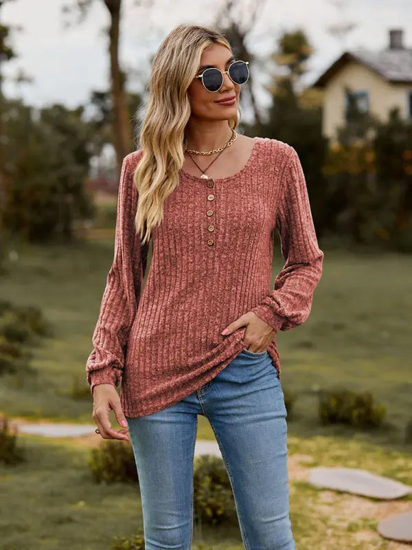 Blue Zone Planet |  Round neck ribbed brushed solid color buttoned long-sleeved T-shirt BLUE ZONE PLANET