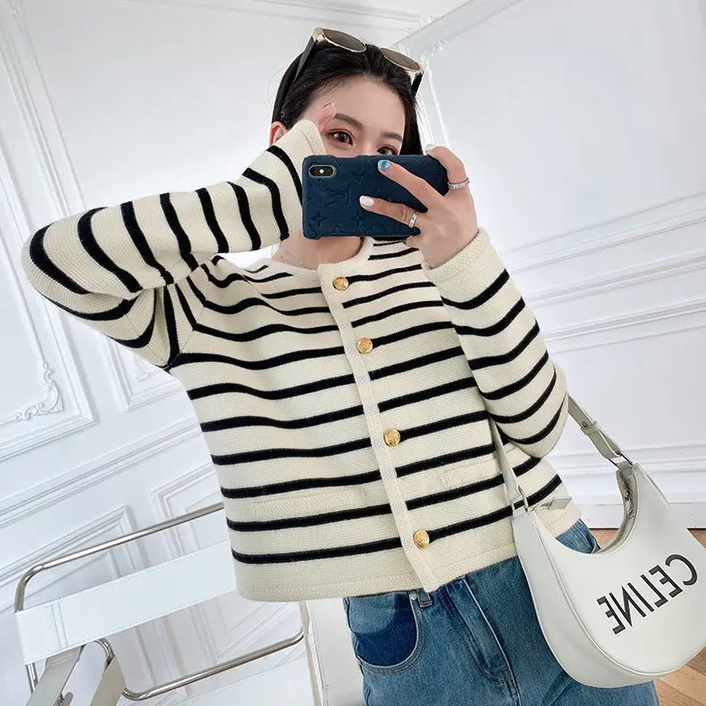 Blue Zone Planet |  Round neck striped knitted cardigan short coat long sleeve sweater BLUE ZONE PLANET