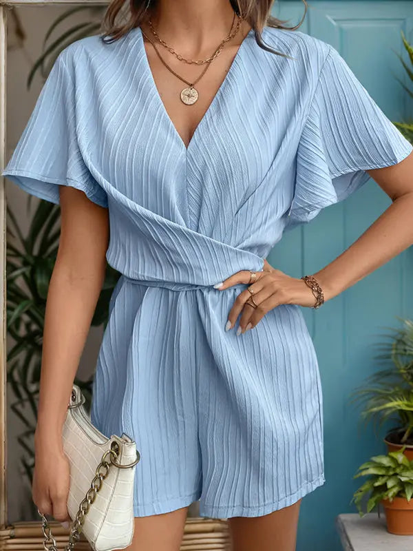Blue Zone Planet | Ruffle Sleeve Lace-up Textured Jumpsuit BLUE ZONE PLANET