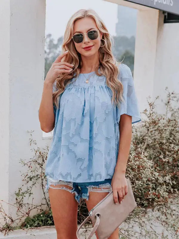 Blue Zone Planet |  Shirt Bell Sleeve Babydoll Lace Cutout Chiffon Top BLUE ZONE PLANET