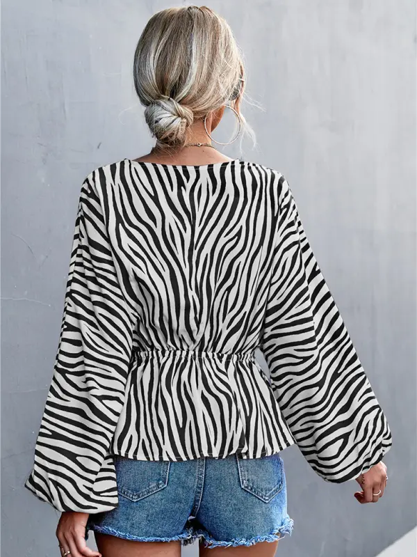 Blue Zone Planet | Single Breasted V-Neck Zebra Print Top BLUE ZONE PLANET
