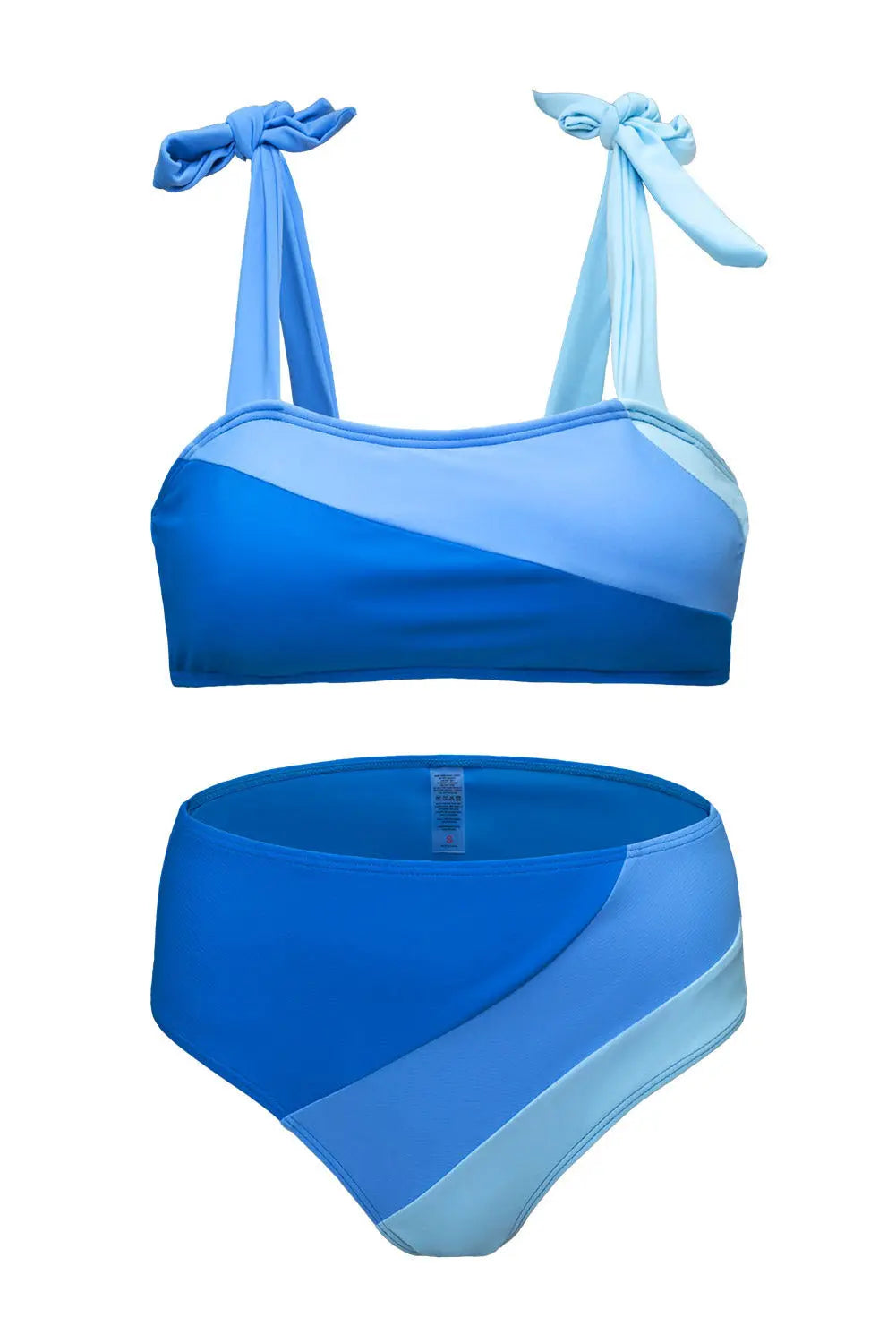 Blue Zone Planet |  Sky Blue Ombre Color Block Tie Shoulder Bikini High Waist Swimsuit Blue Zone Planet