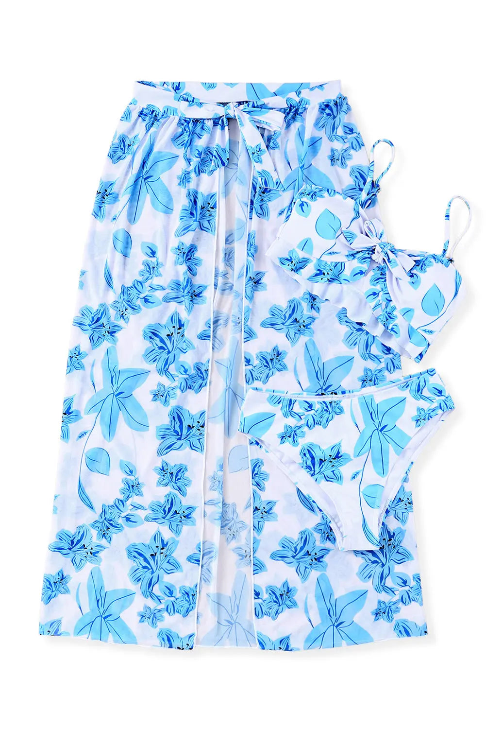 Blue Zone Planet |  Sky Blue Tropical Ruffle Bikini High Waisted Swimsuit with Sarong Blue Zone Planet