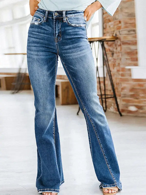 Blue Zone Planet |  Slim High Waist Slightly Flared Denim Trousers BLUE ZONE PLANET