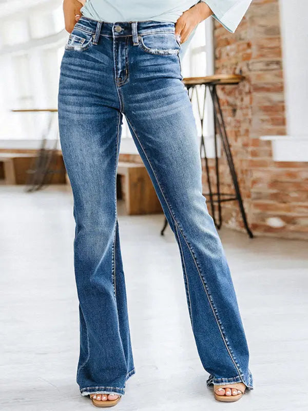 Blue Zone Planet |  Slim High Waist Slightly Flared Denim Trousers BLUE ZONE PLANET