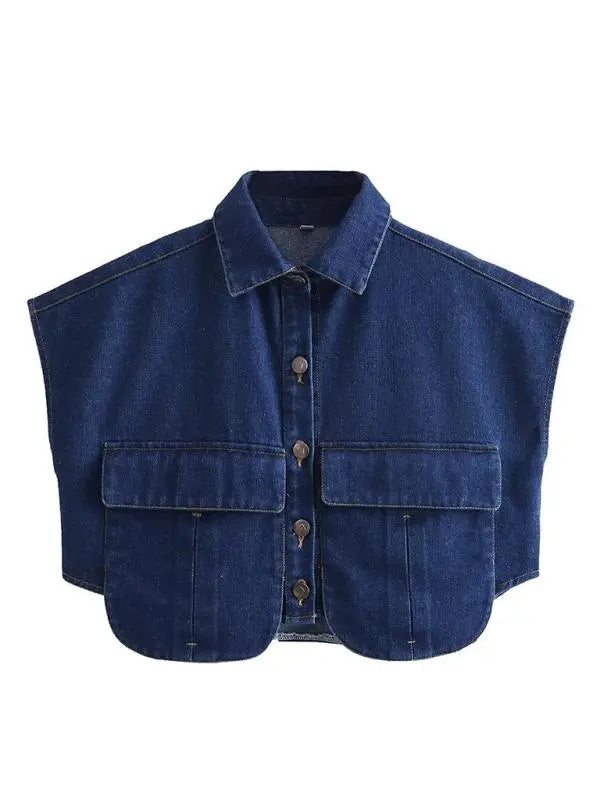 Blue Zone Planet |  Solid Color Big Pocket Sleeveless Lapel Shirt Denim Top BLUE ZONE PLANET