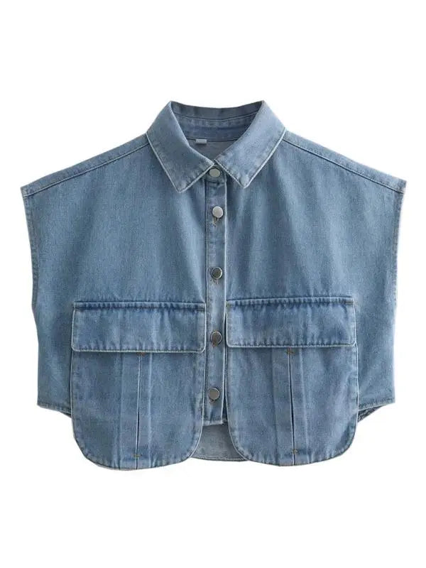 Blue Zone Planet |  Solid Color Big Pocket Sleeveless Lapel Shirt Denim Top BLUE ZONE PLANET