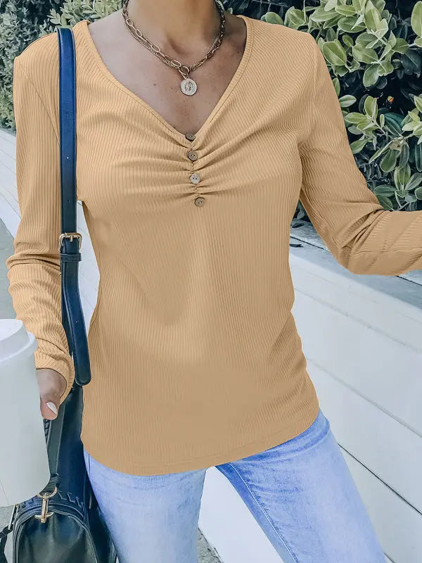 Blue Zone Planet |  Solid Color Button V Neck Long Sleeve Knit Top BLUE ZONE PLANET