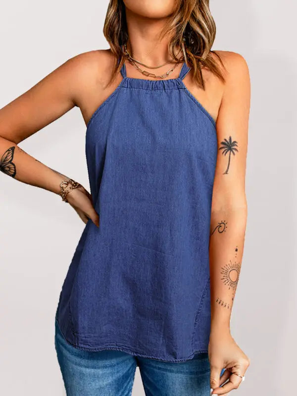 Blue Zone Planet | Solid Color Halter Neck Loose Tank Top BLUE ZONE PLANET