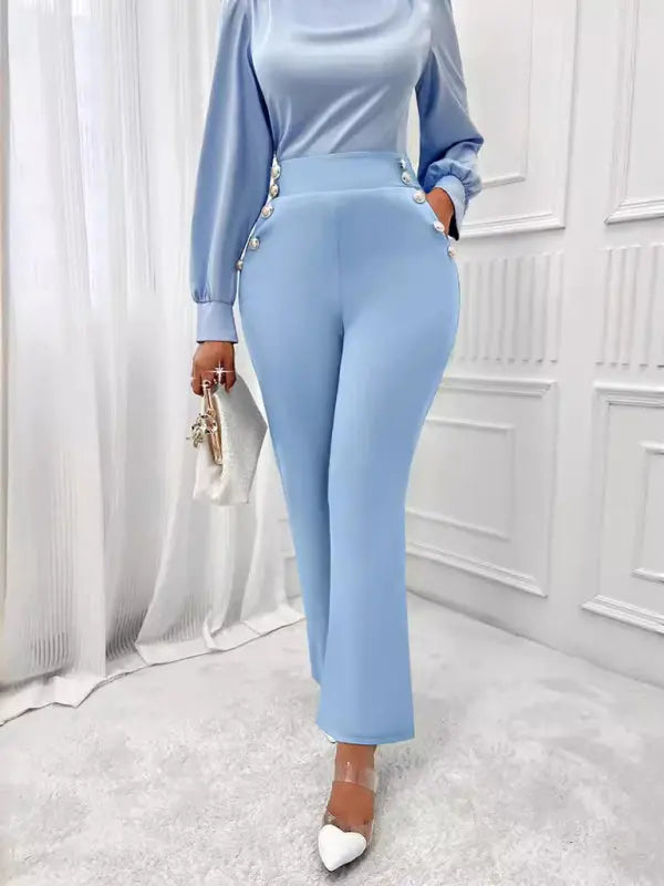 Blue Zone Planet | Solid Color High Waist Slim Straight Trendy Trousers BLUE ZONE PLANET