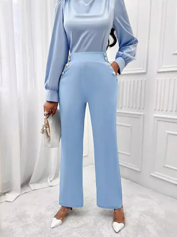 Blue Zone Planet | Solid Color High Waist Slim Straight Trendy Trousers BLUE ZONE PLANET