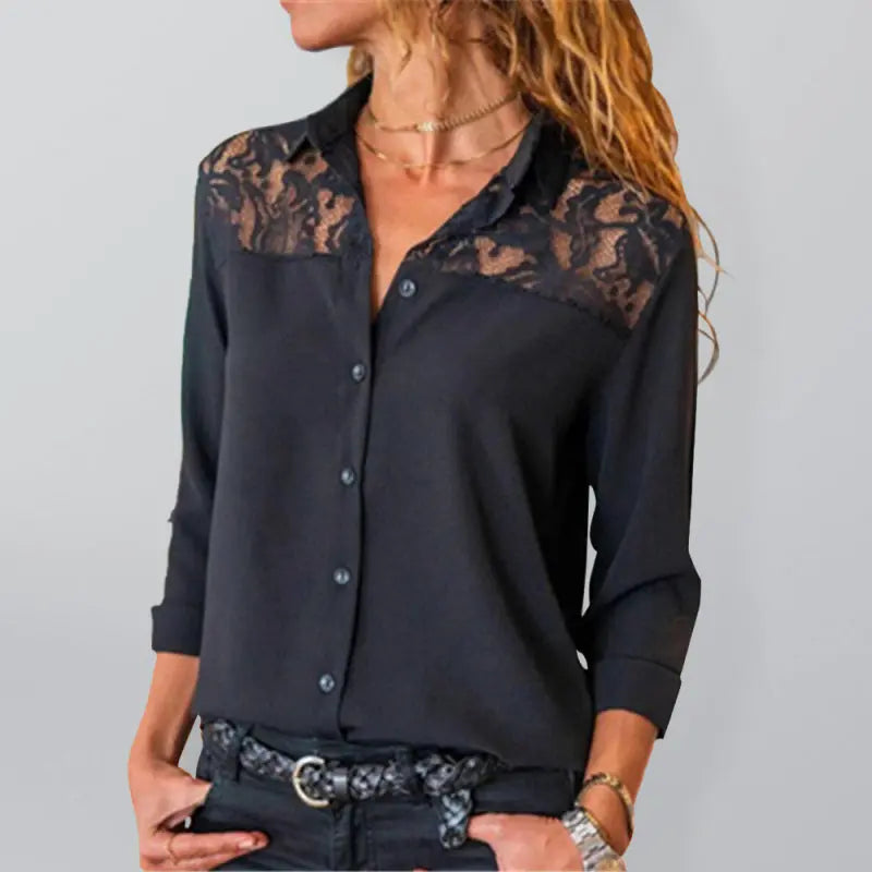 Blue Zone Planet |  Solid Color Lace Panel Long Sleeve Shirt BLUE ZONE PLANET