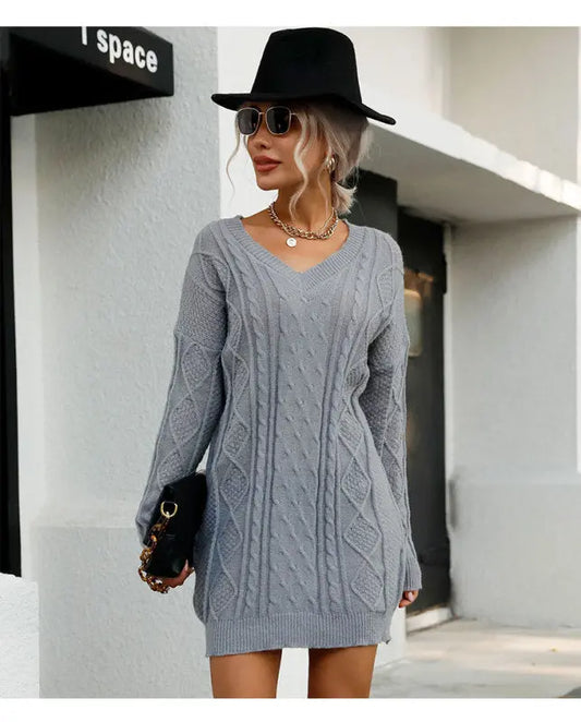 Blue Zone Planet |  Solid Color Long Sleeve V-Neck Grey Sweater Dress BLUE ZONE PLANET