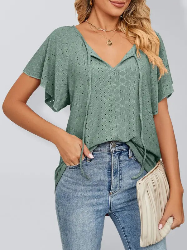 Blue Zone Planet | Solid Color Round Neck Tie Short Sleeve Loose Knit Top BLUE ZONE PLANET