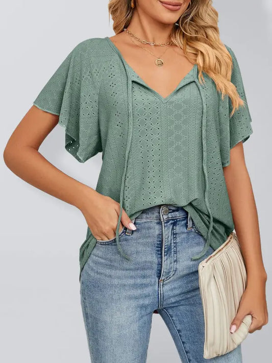 Blue Zone Planet | Solid Color Round Neck Tie Short Sleeve Loose Knit Top BLUE ZONE PLANET