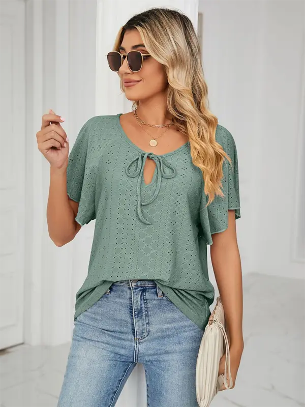 Blue Zone Planet | Solid Color Round Neck Tie Short Sleeve Loose Knit Top BLUE ZONE PLANET