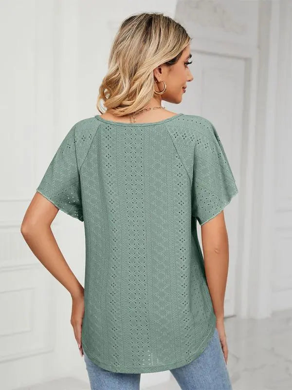 Blue Zone Planet | Solid Color Round Neck Tie Short Sleeve Loose Knit Top BLUE ZONE PLANET