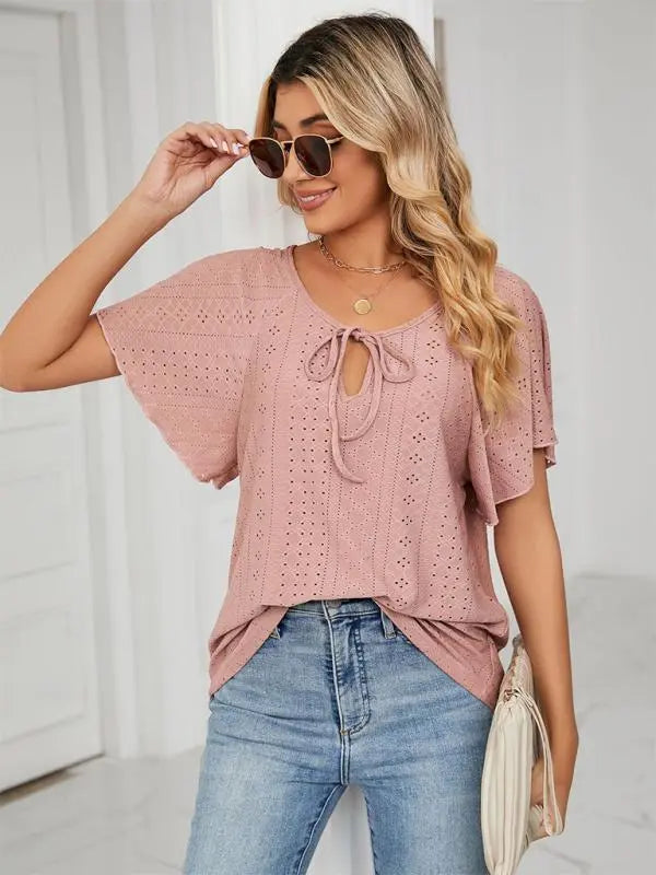 Blue Zone Planet | Solid Color Round Neck Tie Short Sleeve Loose Knit Top BLUE ZONE PLANET