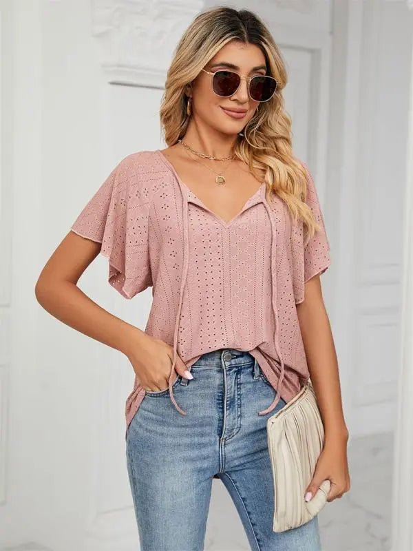 Blue Zone Planet | Solid Color Round Neck Tie Short Sleeve Loose Knit Top BLUE ZONE PLANET