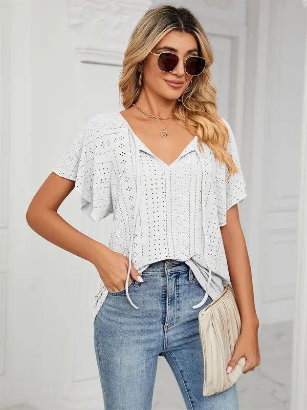 Blue Zone Planet | Solid Color Round Neck Tie Short Sleeve Loose Knit Top BLUE ZONE PLANET