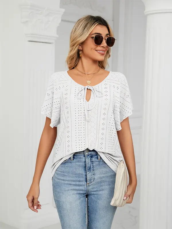 Blue Zone Planet | Solid Color Round Neck Tie Short Sleeve Loose Knit Top BLUE ZONE PLANET