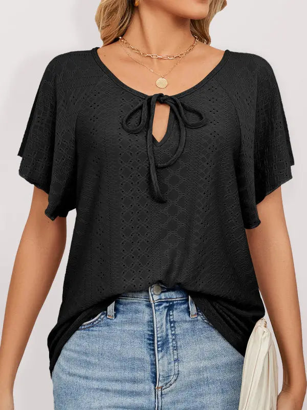 Blue Zone Planet | Solid Color Round Neck Tie Short Sleeve Loose Knit Top BLUE ZONE PLANET