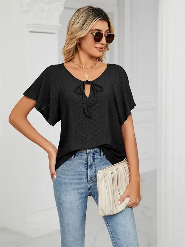 Blue Zone Planet | Solid Color Round Neck Tie Short Sleeve Loose Knit Top BLUE ZONE PLANET