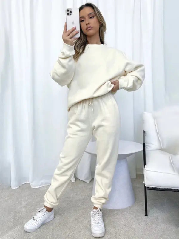 Blue Zone Planet |  Solid Color Round able Collar Pullover Long Sleeve Trousers Sweater Suit BLUE ZONE PLANET