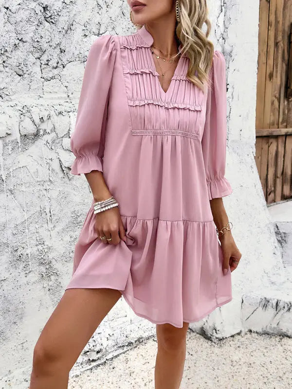 Blue Zone Planet |  Sonia's solid color V-neck mid-sleeve mini dress BLUE ZONE PLANET