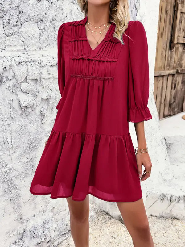 Blue Zone Planet |  Sonia's solid color V-neck mid-sleeve mini dress BLUE ZONE PLANET