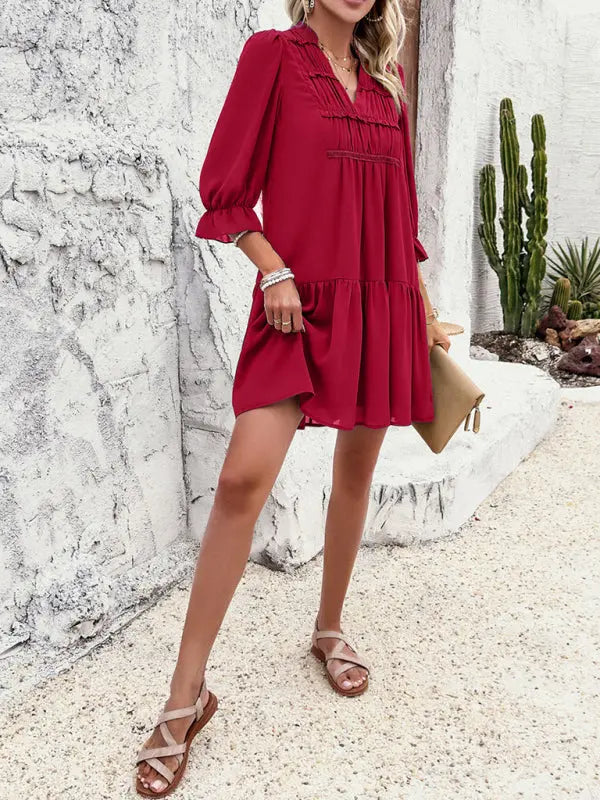 Blue Zone Planet |  Sonia's solid color V-neck mid-sleeve mini dress BLUE ZONE PLANET