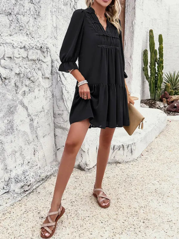 Blue Zone Planet |  Sonia's solid color V-neck mid-sleeve mini dress BLUE ZONE PLANET