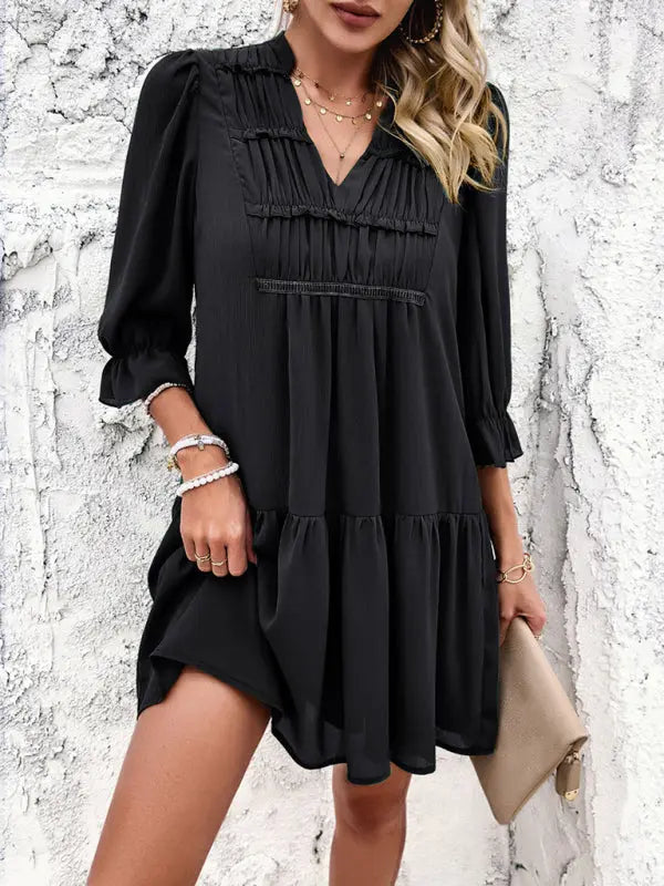 Blue Zone Planet |  Sonia's solid color V-neck mid-sleeve mini dress BLUE ZONE PLANET