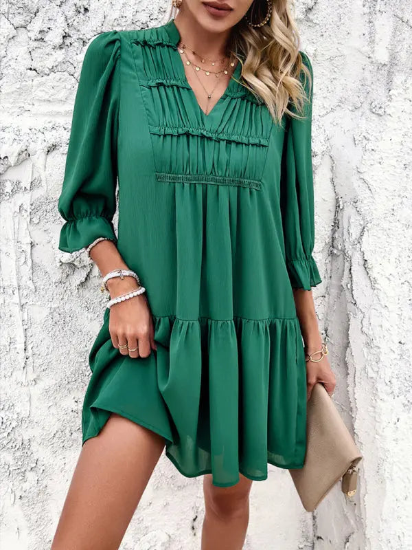 Blue Zone Planet |  Sonia's solid color V-neck mid-sleeve mini dress BLUE ZONE PLANET