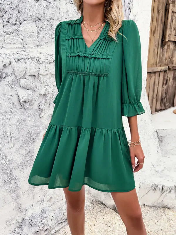 Blue Zone Planet |  Sonia's solid color V-neck mid-sleeve mini dress BLUE ZONE PLANET