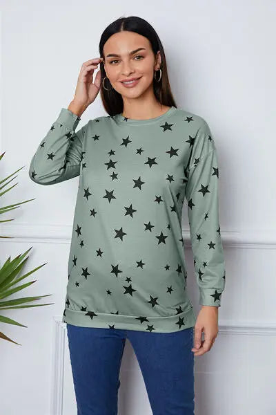 Blue Zone Planet |  Star Print Round Neck Dropped Shoulder Sweatshirt BLUE ZONE PLANET