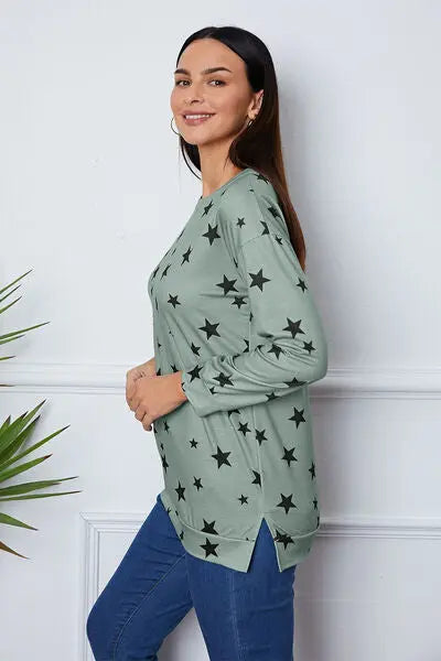 Blue Zone Planet |  Star Print Round Neck Dropped Shoulder Sweatshirt BLUE ZONE PLANET