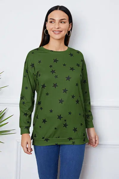 Blue Zone Planet |  Star Print Round Neck Dropped Shoulder Sweatshirt BLUE ZONE PLANET