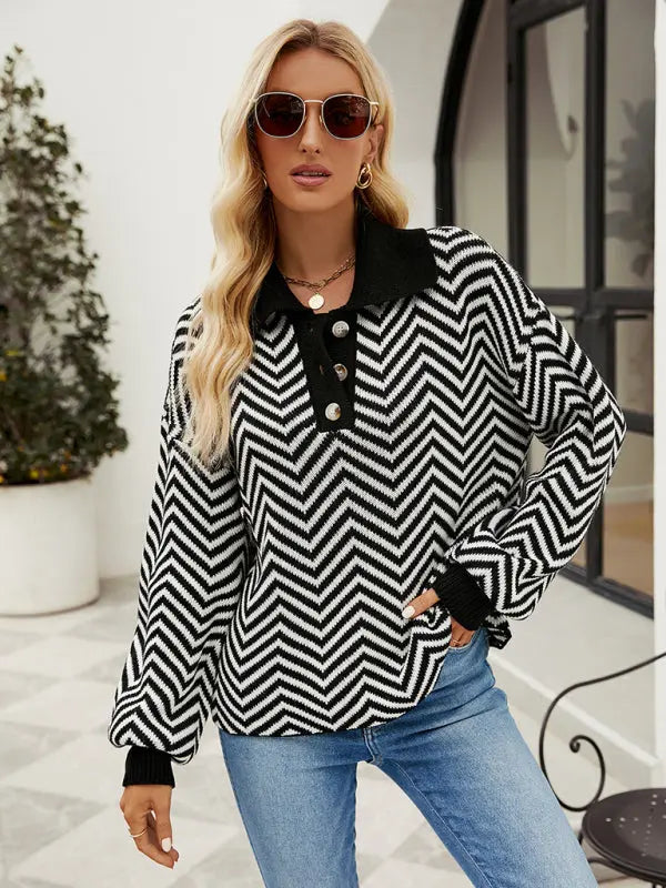 Blue Zone Planet |  Striped Knit Long Sleeve Colorblock Lapel Sweater BLUE ZONE PLANET