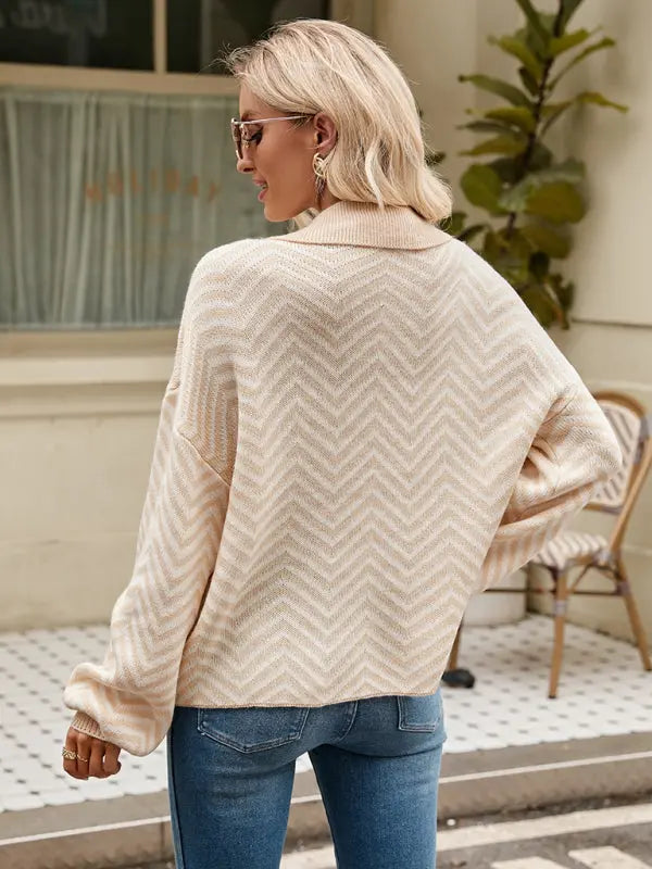 Blue Zone Planet |  Striped Knit Long Sleeve Colorblock Lapel Sweater BLUE ZONE PLANET