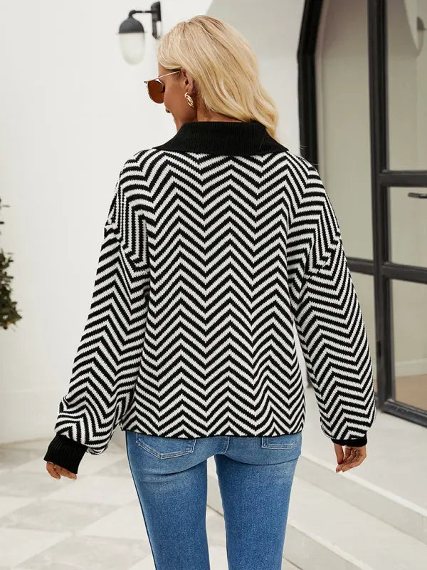 Blue Zone Planet |  Striped Knit Long Sleeve Colorblock Lapel Sweater BLUE ZONE PLANET