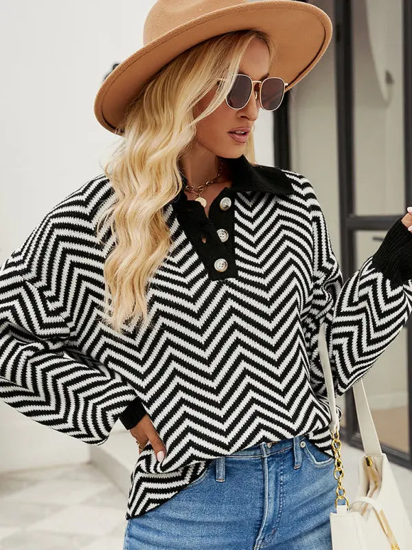Blue Zone Planet |  Striped Knit Long Sleeve Colorblock Lapel Sweater BLUE ZONE PLANET