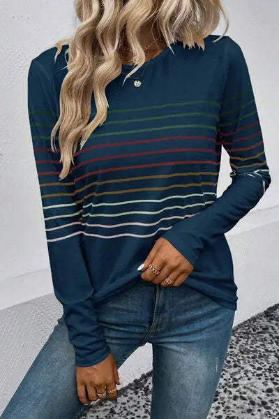 Blue Zone Planet |  Striped Round Neck Long Sleeve T-Shirt BLUE ZONE PLANET