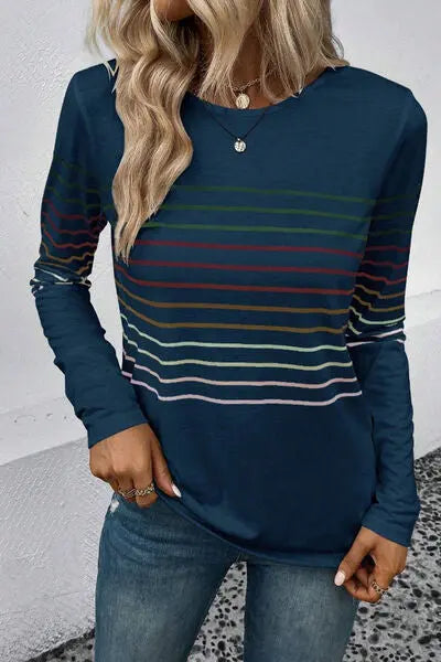 Blue Zone Planet |  Striped Round Neck Long Sleeve T-Shirt BLUE ZONE PLANET