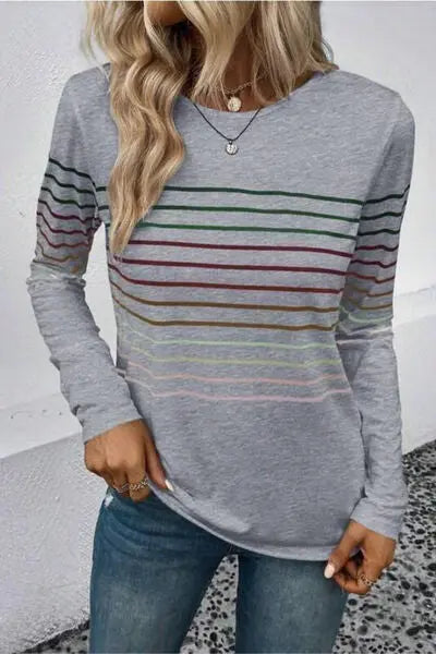 Blue Zone Planet |  Striped Round Neck Long Sleeve T-Shirt BLUE ZONE PLANET