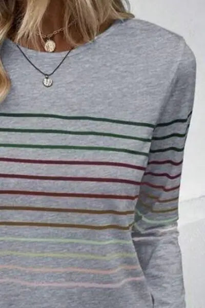 Blue Zone Planet |  Striped Round Neck Long Sleeve T-Shirt BLUE ZONE PLANET