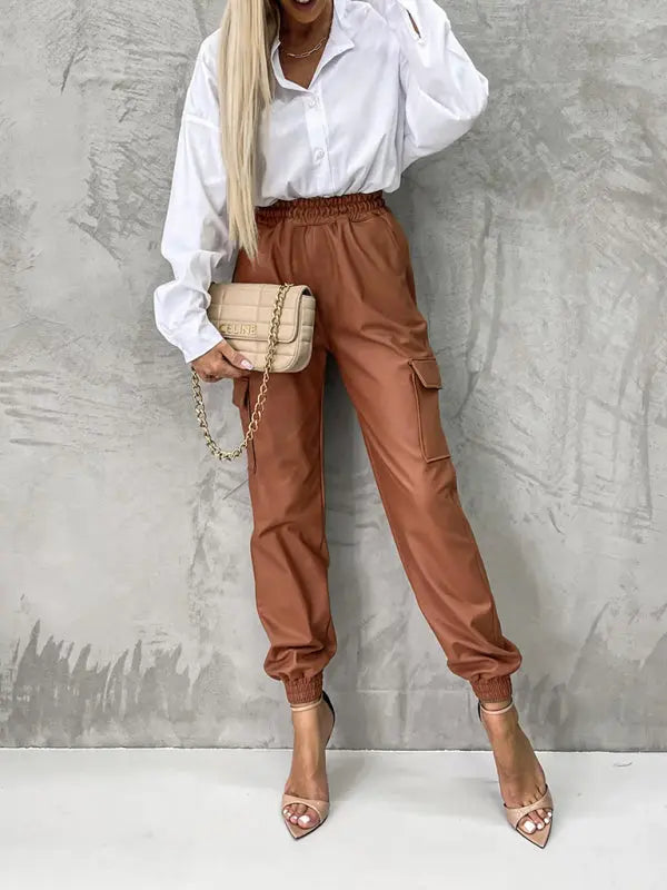 Blue Zone Planet |  Style Pocket Leather Pants Straight Leg Pants with Legs and Elastic Waist Pants BLUE ZONE PLANET