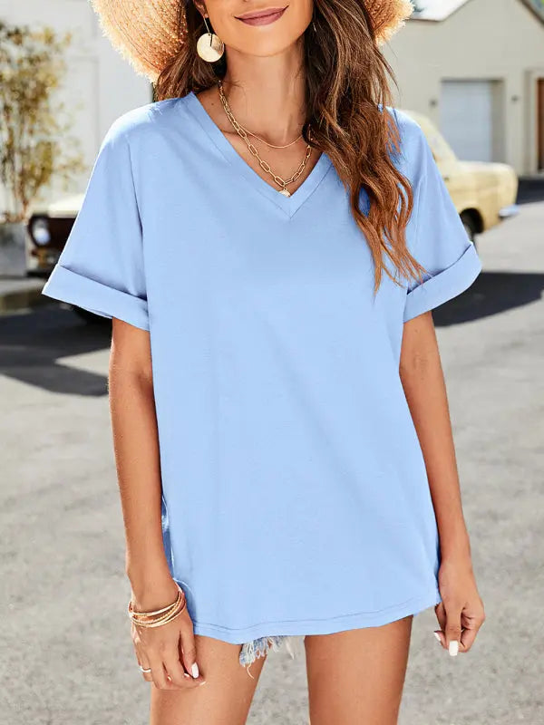 Blue Zone Planet |  Summer solid color v-neck short-sleeved top with short front and long rear slits BLUE ZONE PLANET